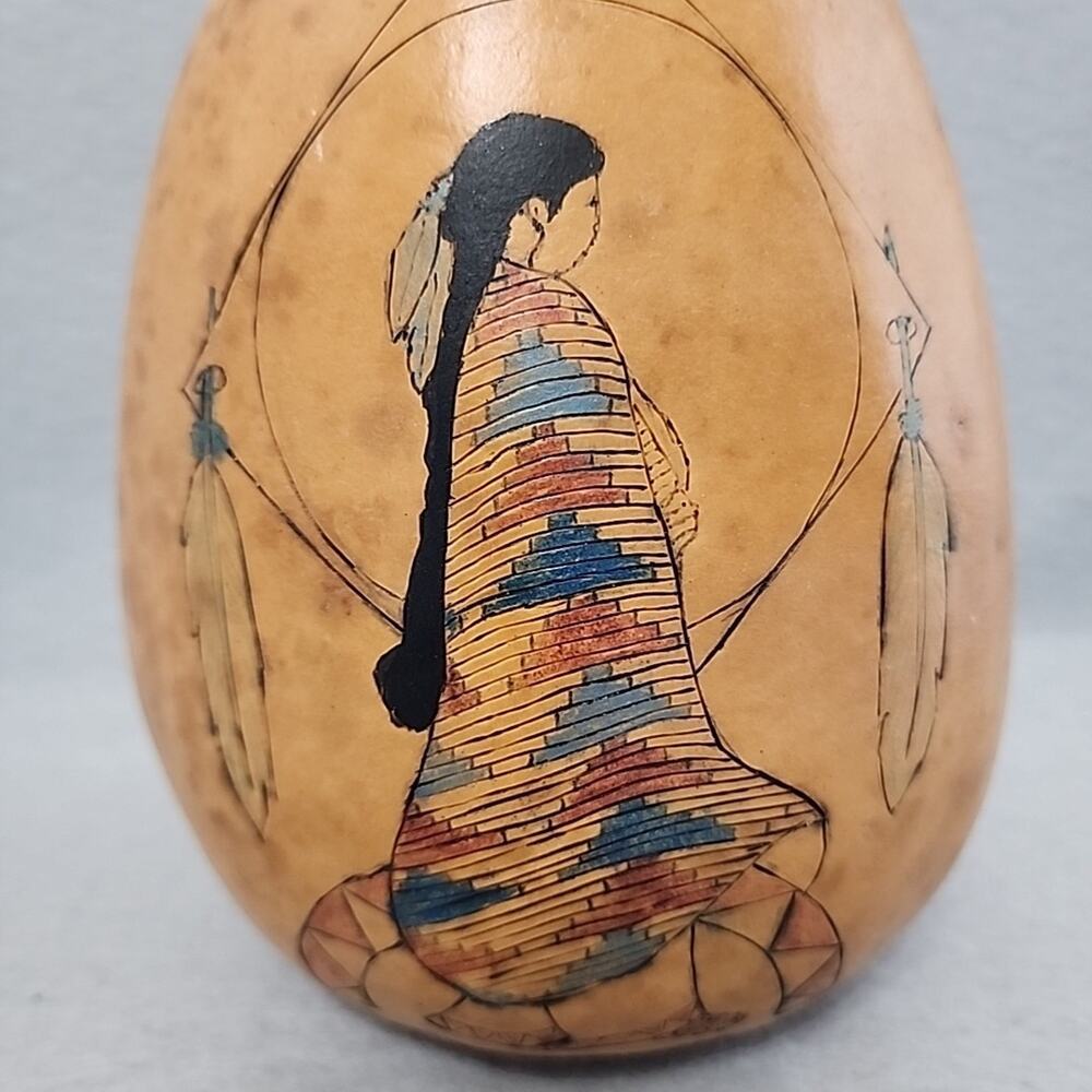2004 SIGNED Southwestern Art Gourd Vase Painted Handmade Joan Mitchell KS - Picture 2 of 9